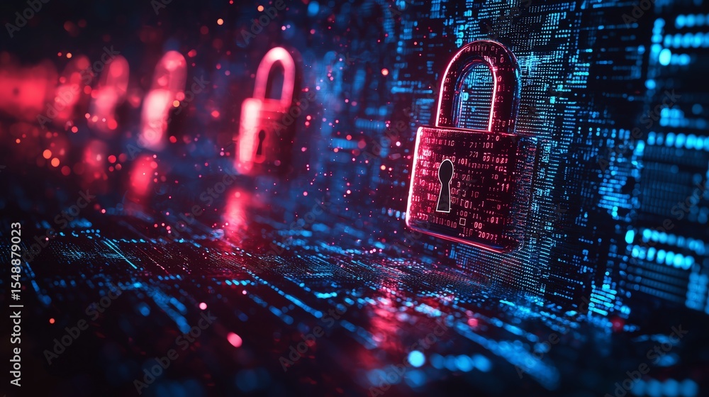 Aufkleber cyber security and safety information: minimalistic digital padlocks on abstract blockchain technolo
