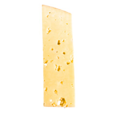 A wedge of cheese with holes, showcasing its texture and color.