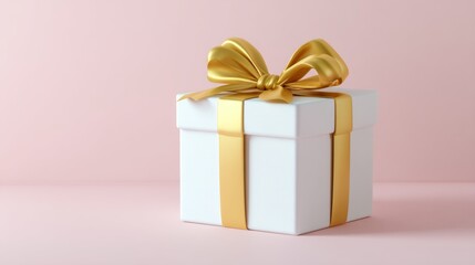 Obraz premium Elegant white gift box with gold ribbon on pink background