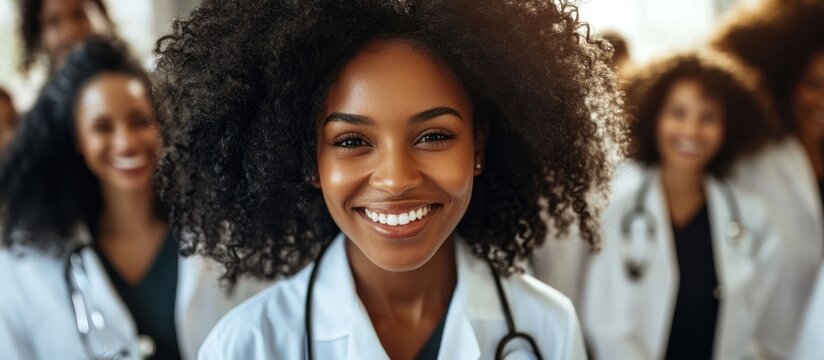 Group of cheerful diverse healthcare professionals wearing lab coats smiling