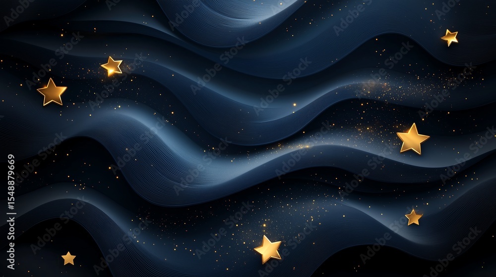 Poster luxury dark blue background with abstract golden star sparkles and soft glowing light effects, creat