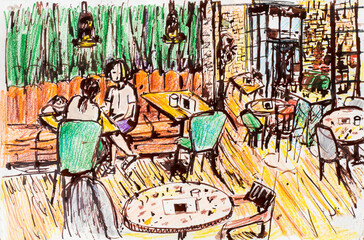 girlfriends with ahand-drawn illustration of a friend and a child meeting and talking in a cozy cafe