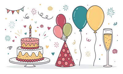 Cheerful Event Vector Set – Cake, Balloons, Fireworks and Confetti Elements