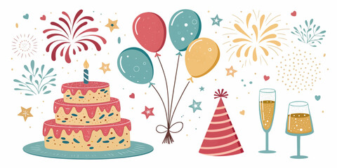 Vibrant Party Celebration Vector – Balloons, Fireworks, Cake and Confetti