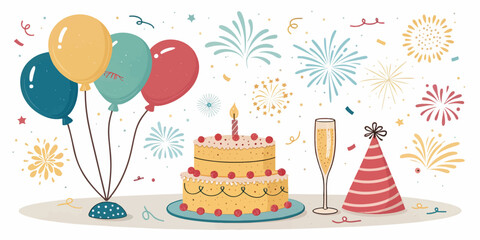 Flat Festive Vector Illustration – Colorful Balloons, Party Hat, Fireworks