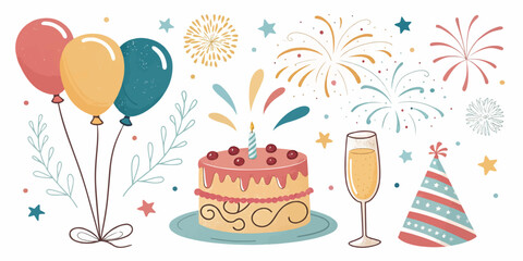 Cheerful Party Decoration Vector – Colorful Balloons, Fireworks, Confetti