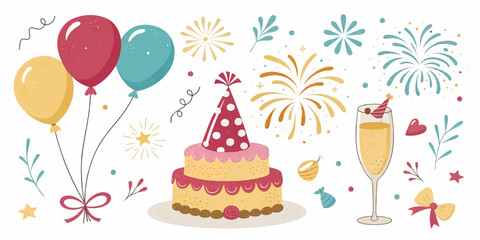 Festive Celebration Elements – Balloons, Cake, Fireworks in Flat Vector Design