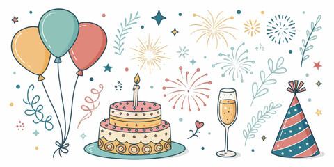 Minimal Festive Vector Pack – Balloons, Cake, Champagne Glass, and Party Hat