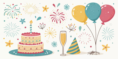 Colorful Party Vector Illustration – Balloons, Fireworks, Cake, Confetti and More