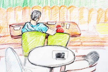hand-drawn illustration with colored pencils dad and son in a cafe with a back