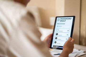 Business manager accessing password vault on tablet, enhancing cybersecurity and protecting...