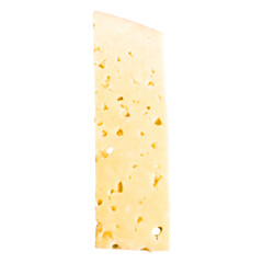 A slice of cheese with holes, showcasing its texture and color.