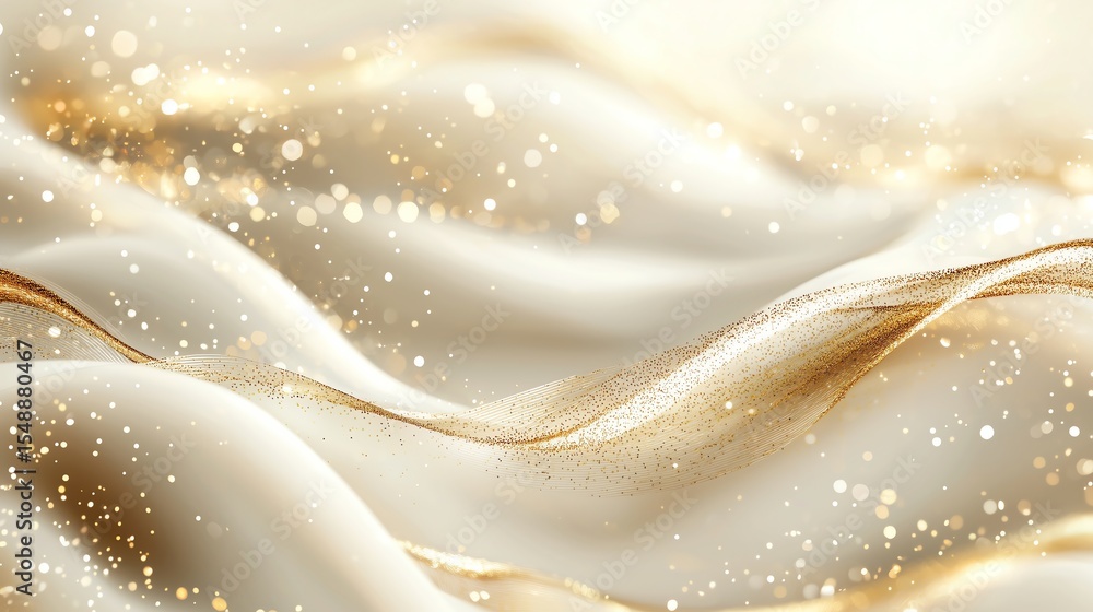 Poster soft cream background with gold light effects and curved golden lines, abstract minimalist design wi