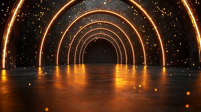 Elegant black and gold stage with glowing golden arcs and sparkles, minimalistic luxury design ideal for awards or premium events with space for text and design.