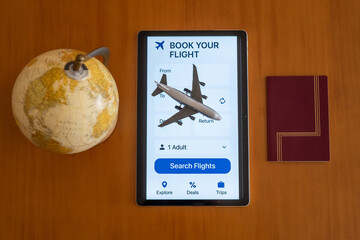 Tablet showcasing a flight booking app alongside a toy airplane and globe on a wooden table,...