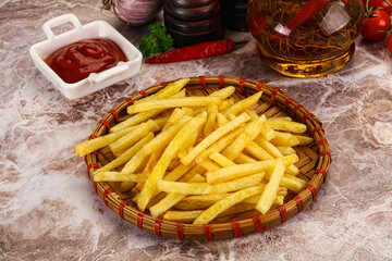 Golden French fries potato with sauce