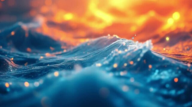 Close-up of a fireplace fire with abstract blue reflections of the sunlit ocean and clouds 4k unique Abstract video