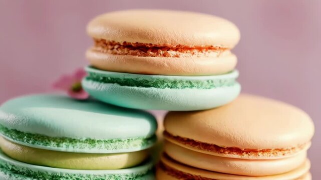 A stack of colorful macarons sits on a white cake stand against a pink background