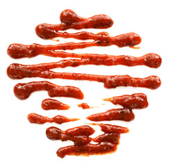 A creative arrangement of sauce resembling a heart shape, showcasing culinary art.