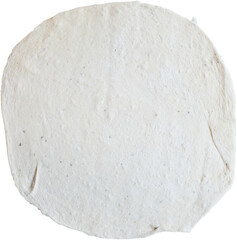 A round, uncooked pizza dough ready for toppings and baking.