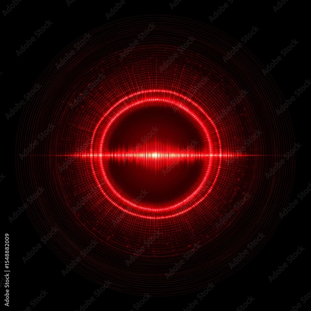 Poster futuristic red circular digital waveform with radiating lines on black background