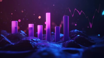 Futuristic financial landscape with rising bar graph and dynamic trendline