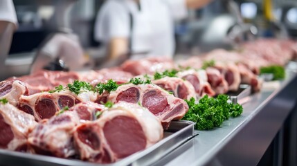 Array of raw meat pieces adorned with fresh parsley in a culinary setting