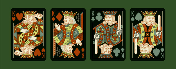 King playing poker cards set in Black design. Editable stroke lines. Spades Hearts Diamonds and Clubs suits. Vector colorful illustration.	