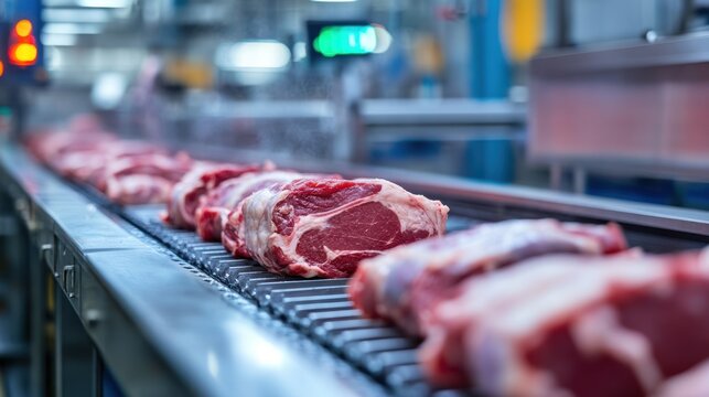 Automated meat processing: Fresh cuts moving along a production conveyor belt