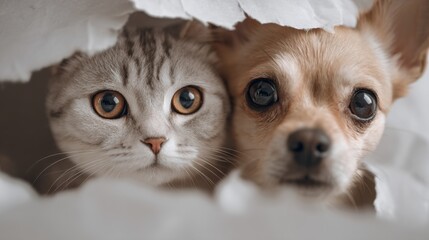 Adorable cat and dog duo peek through torn paper