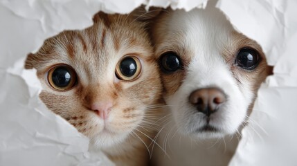 Curious cat and dog peering through torn paper with wide eyes