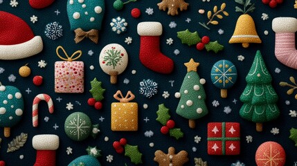 Festive christmas cookies arrangement with santa hats and decorated trees on dark background