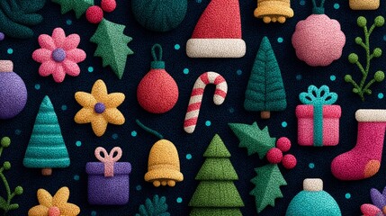 Festive christmas ornaments pattern with trees, candy canes, and gifts