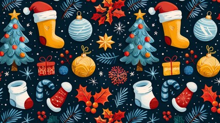 Festive christmas pattern with trees, stockings, and ornaments on dark background