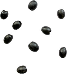 A collection of small black seeds displayed against a white background.