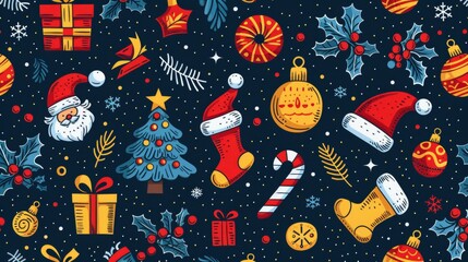 Festive christmas pattern with santa hats and holiday decorations