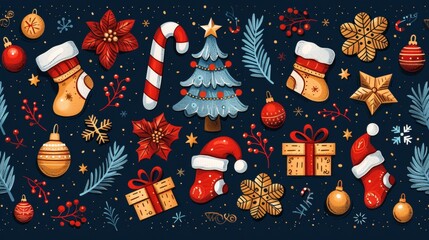 Festive christmas ornaments and decorations pattern with stars and snowflakes