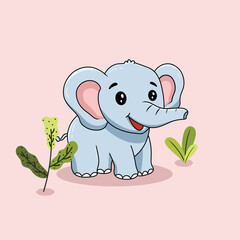 Cute elephant icon illustration hand drawn vector with happy expression