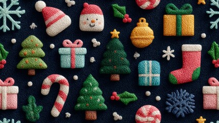 Festive christmas icons featuring trees, gifts, and snowflakes on textured background