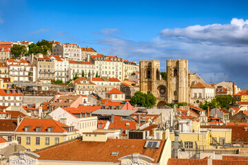 Beautiful skyline of Lisbon, Portugal with Se cathedral on sunny day