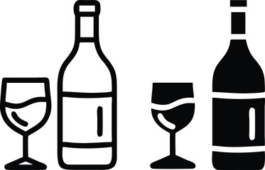 Minimalist Wine Bottle & Glass Icon – Solid Black Silhouette Vector Illustration