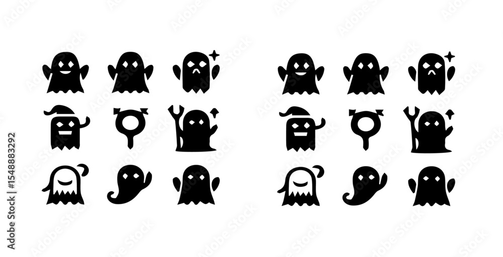 Poster a collection of cute ghost icons in various poses and expressions arranged in a grid on a white back