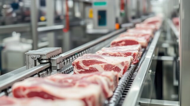 Raw meat processing on a conveyor belt in a modern food factory plant