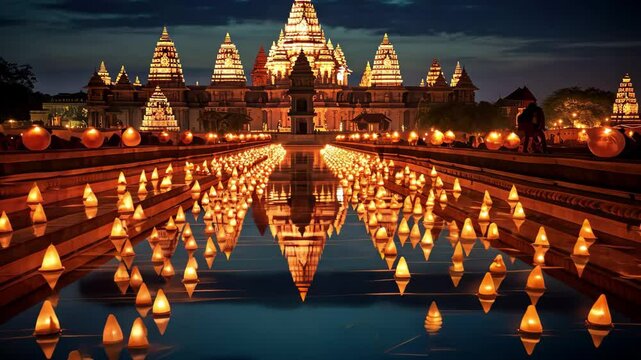 Ancient Indian temples beautifully illuminated by countless diyas during the vibrant Diwali festival at dusk, creating a mesmerizing reflection on the calm waters nearby