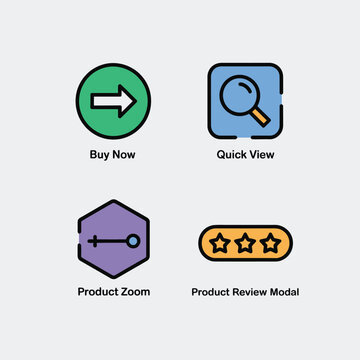 Four Colorful App Icons Set Buy Now Quick View Product Zoom Product Review Modal Green Purple Blue Orange White Background