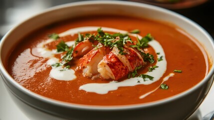 Creamy tomato soup with lobster meat and fresh parsley garnish in a white bowl