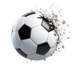 Exploding soccer ball shattering into pieces dramatic action shot