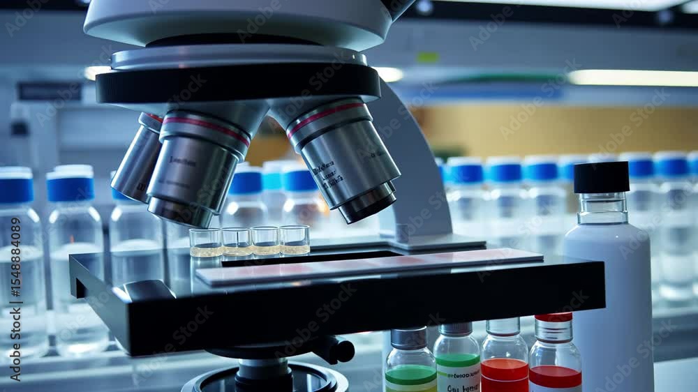 Poster advanced nanotechnology research in biomedicine with a microscope analyzing samples in a modern labo