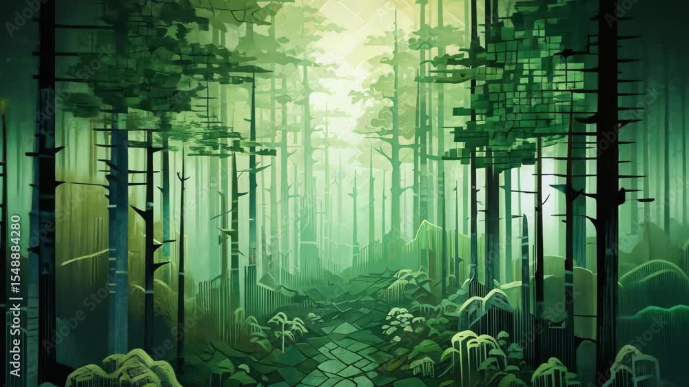 Aufkleber an abstract interpretation of a tranquil forest at twilight featuring pixelated trees and a serene p