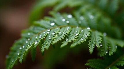  a close-up of rain droplets clinging to vibrant green fern leaves, background softly blurred with earthy forest tones -
